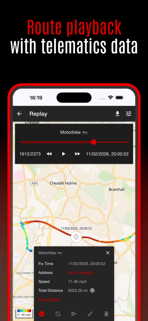 Redtrack GPS tracker route playback with telematics data on mobile app